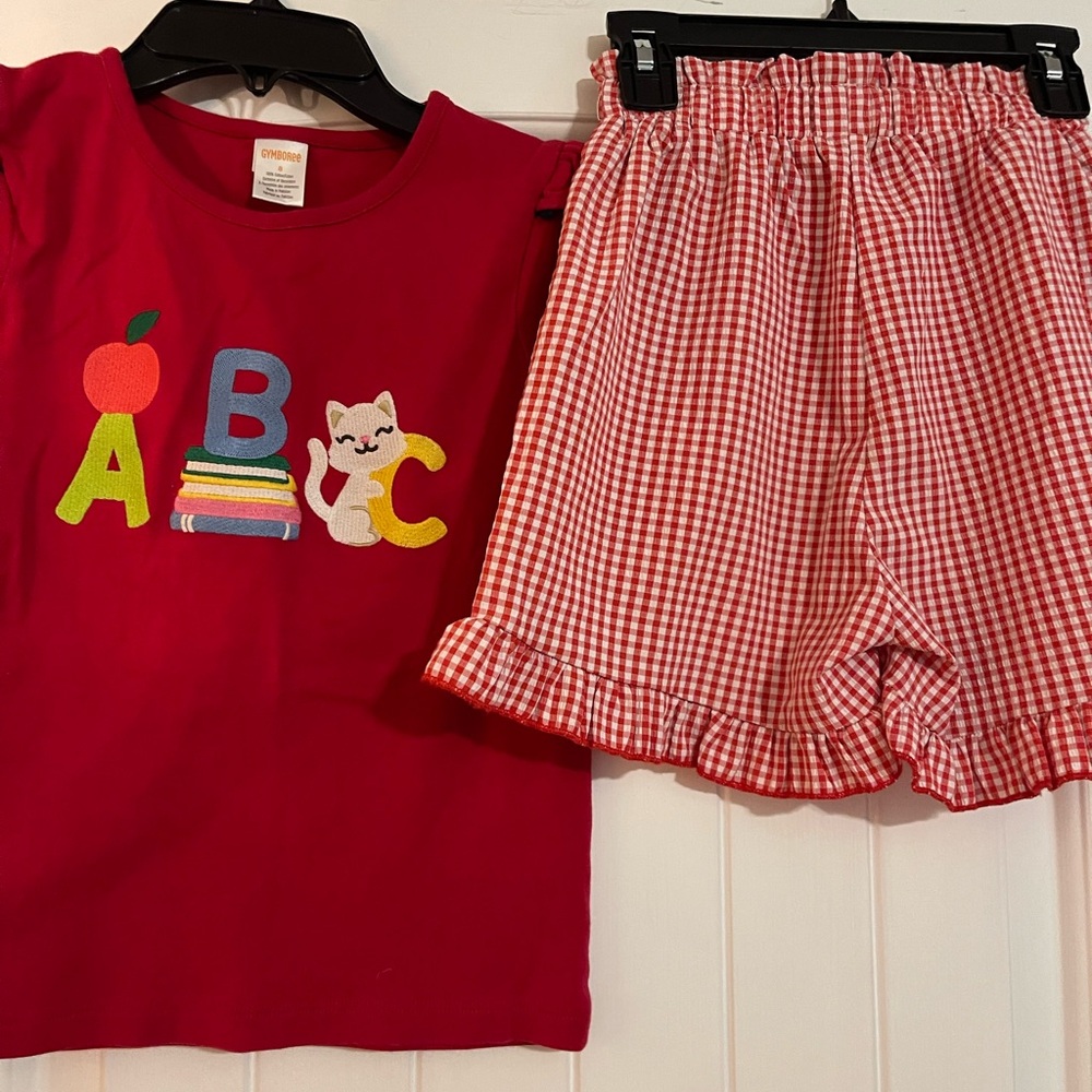 Gymboree Red ABC Embroidered Set with Gingham Shorts size 8 girls BTS
